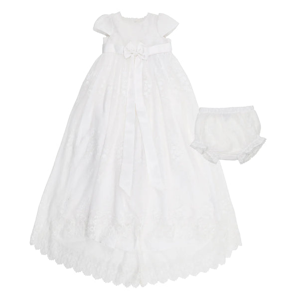 OPEN BACK CHRISTENING DRESS WITH BLOOMERS AND BONNET